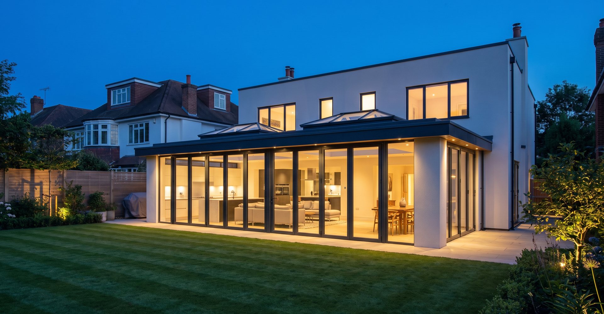 Glazed rear extension lit from inside at blue hour, looking across the garden