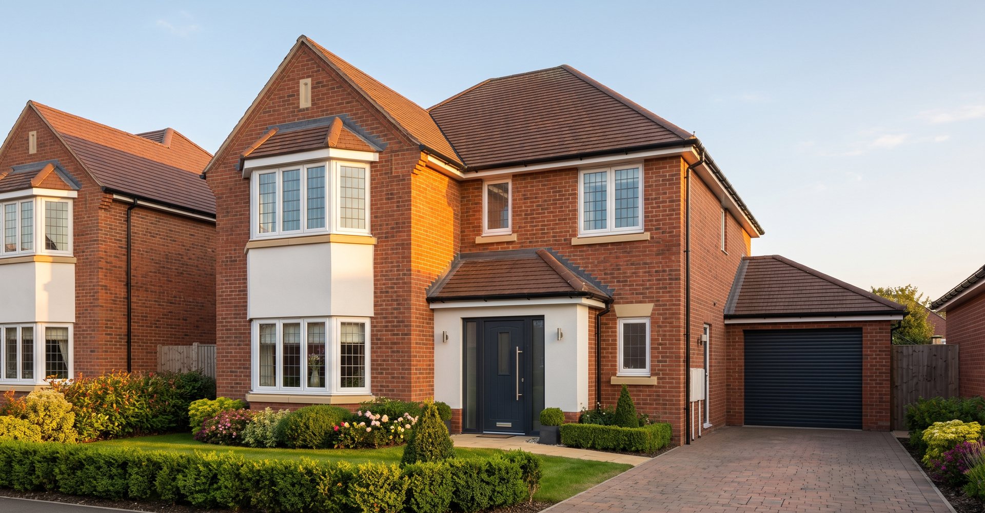 A renovated detached family home in brick and render at golden hour