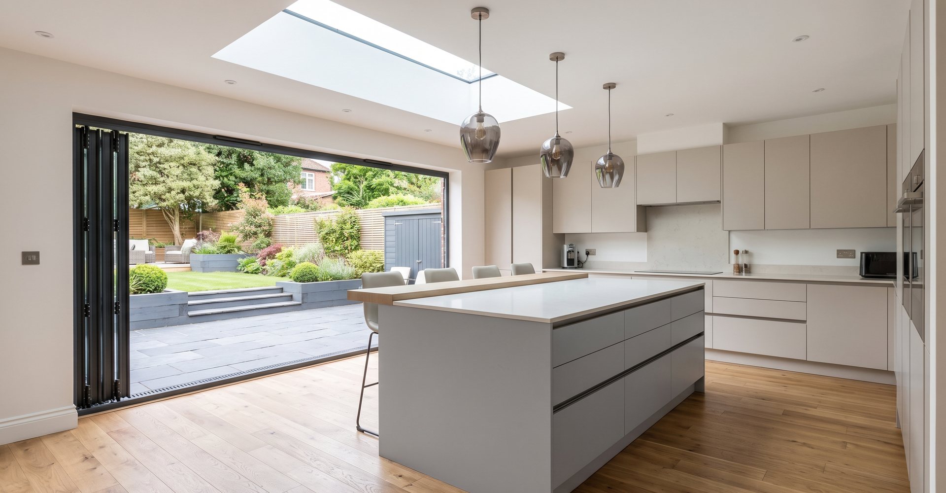 A bright, high-end open-plan kitchen extension with an island and garden doors