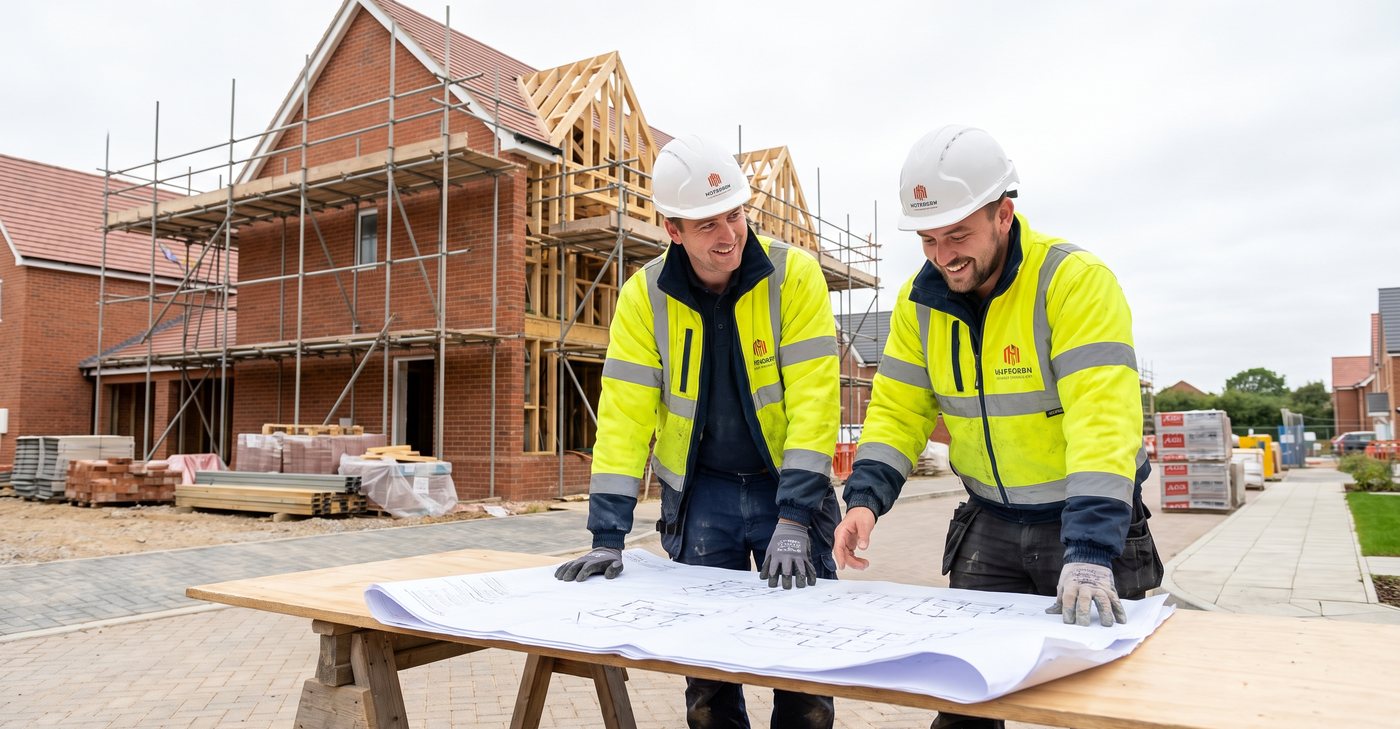 Two builders in hi-vis and hard hats going through house plans on a tidy site