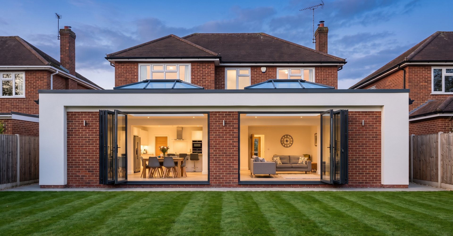 A finished single-storey rear extension in grey render with large aluminium windows